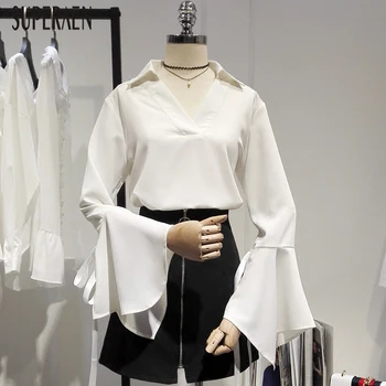 

SuperAen 2020 Spring New Women Shirts Fashion Korean-Style V-neck Solid Color Chiffon Ladies Blouses and Tops Wild Women Clothes