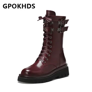

GPOKHDS 2021 women Mid-Calf boots Sheepskin Winter short plush Round Toe Metal Decoration High heels female Riding boots size 42