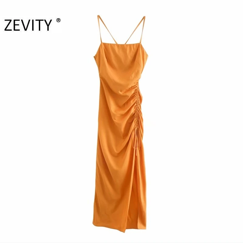 Zevity women elegant v neck solid color side pleated split long halter dress lady side zipper vestidos chic party dresses DS4351 Zevity women elegant v neck solid color side pleated split long halter dress lady side zipper vestidos chic party dresses DS4351