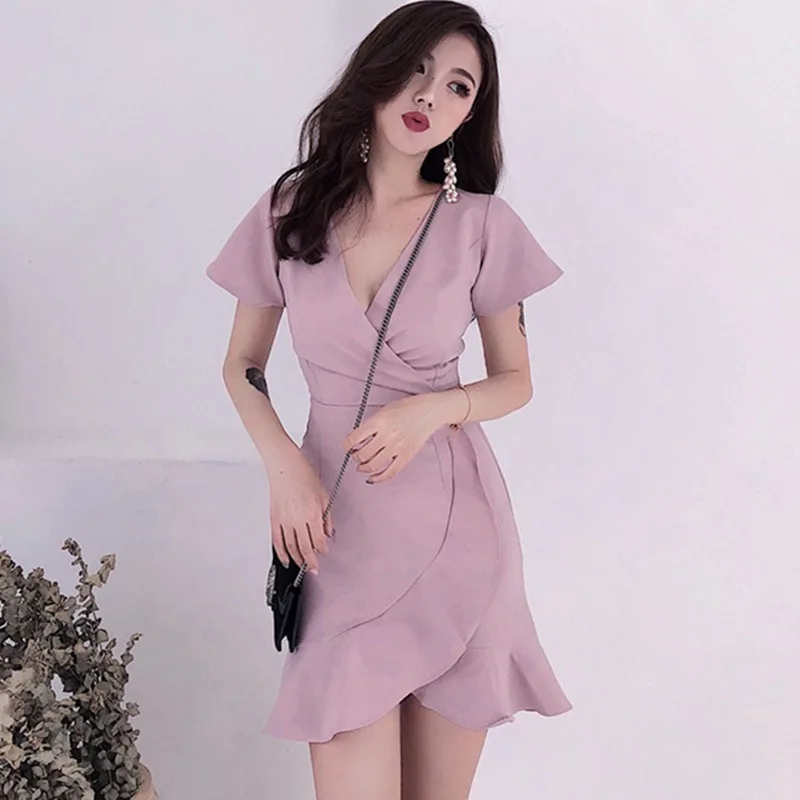 

Summer Sexy Waist Irregular V-neck Ruffled Dress Party Dress