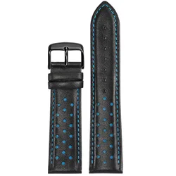Multicolor Genuine Leather Watch Strap with Stainless Steel Buckle, 22mm - 22mm (Black blue black A)