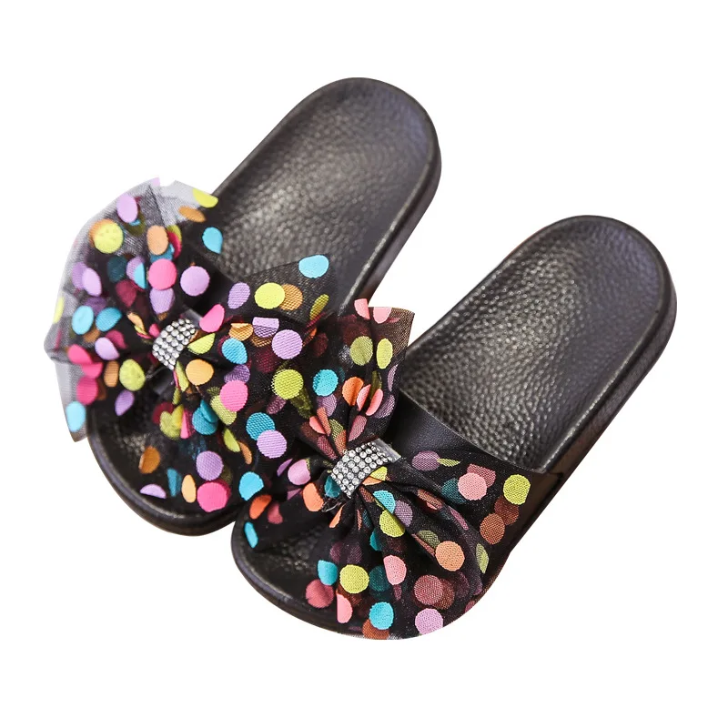 

Шлепанцы в горошек для девочек, сетчатые летние уличные тапочки с бантом, на плоской подошве, модные тапочки для начинающих ходить детей, 2021