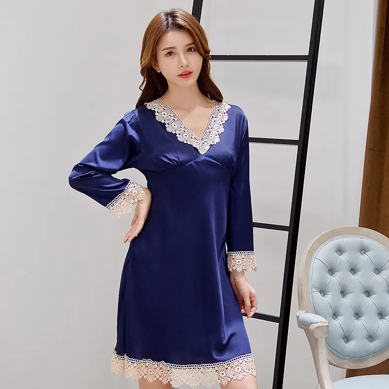 

2020 Summer Lady Night Dress Lace Trim Mini Nightgown Satin Sleepwear V-neck Nightdress Casual Home Dressing Gown Negligee
