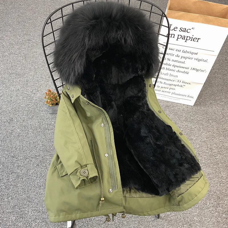Детская одежда зимняя парка с натуральным мехом енота, большой пуховик с капюшоном из меха кролика рекса для девочек, зимняя куртка - Цвет: green black fur