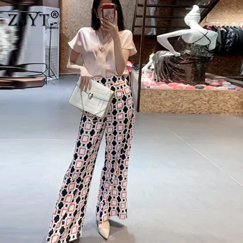 

2020 New Summer Lady Pants 2Piece Set Women Fashion Short Sleeve Solid Blouse and Geometric Print Pants Suit Matching Sets