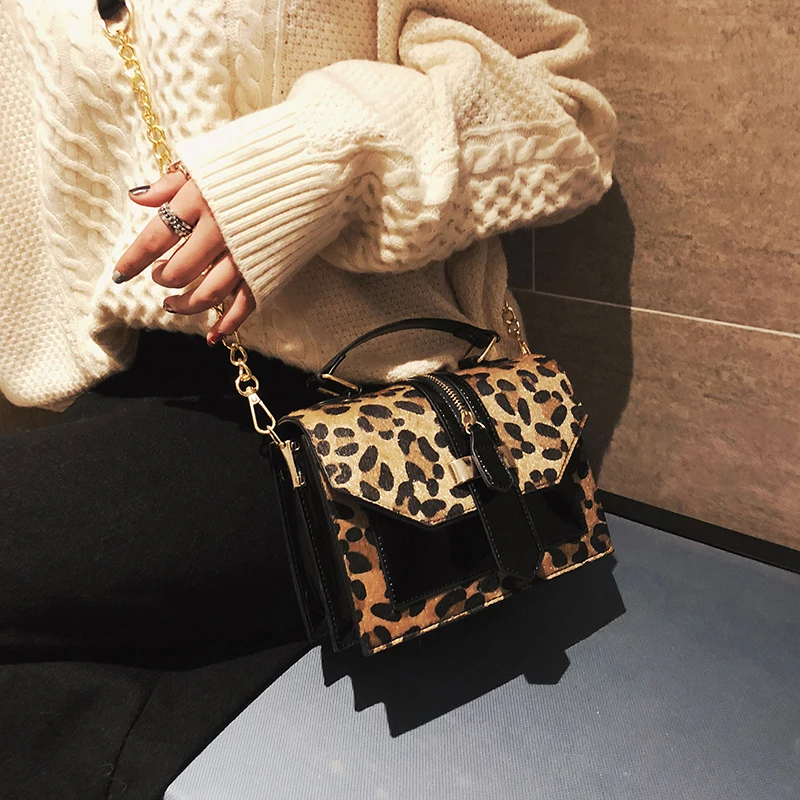 Женские леопардовые ПУ кожаные сумки через плечо, Женские однотонные черные и бордовые сумки через плечо с цепочкой, модные сумки на лямках для девушек - Цвет: leopard