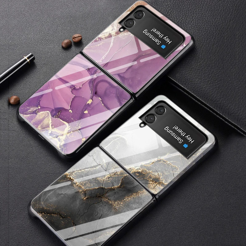 

Чехол-книжка Z Flip 3 для Samsung Galaxy Z Flip 3 Z, чехол-книжка с позолоченным мраморным узором, чехол из закаленного стекла, чехол для телефона Z Flip 3