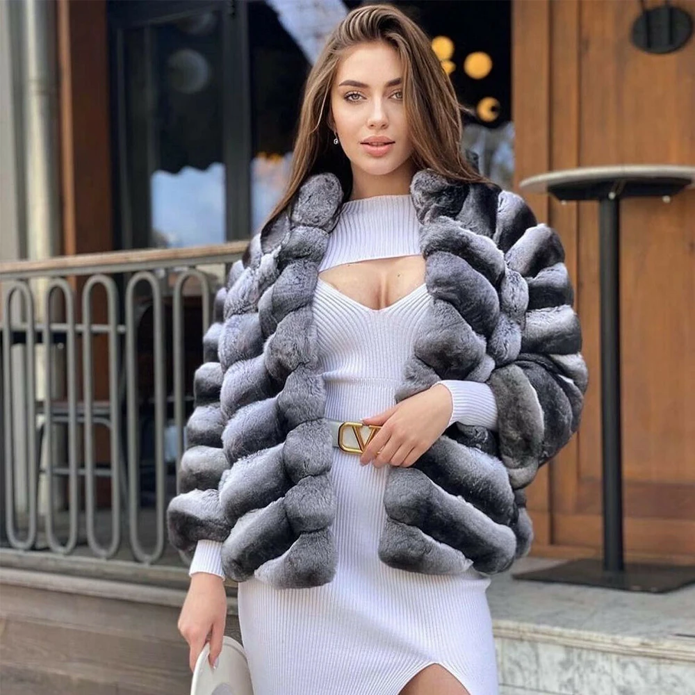 Luxury Women Real Fur Coat V-neck Winter Fashion Chinchilla Color Trendy Rex Rabbit Fur Jacket Female Thick Warm Fur Overcoats