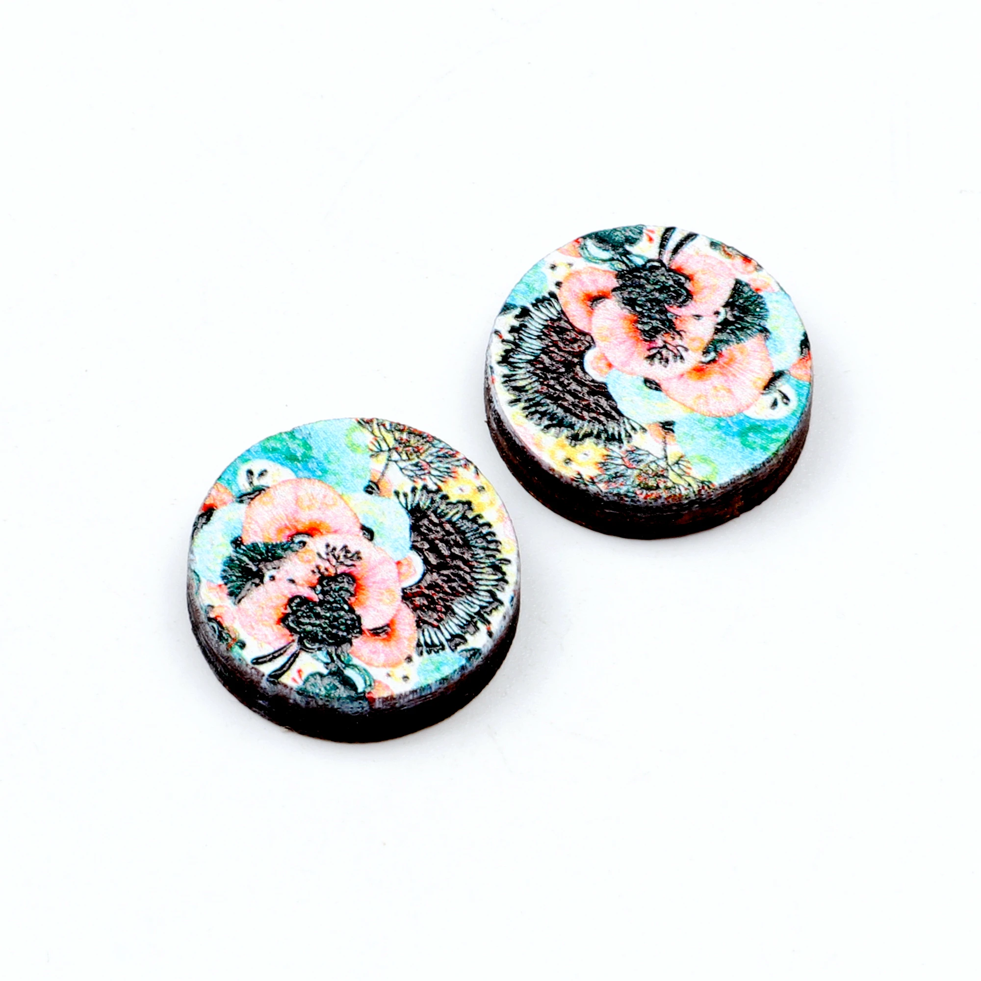 

Unique 3D Flower Embossed 16mm Round Coloured Drawing pattern Laser Cut wood Cabochon DIY for Rings, Earring,Brooch,Necklace