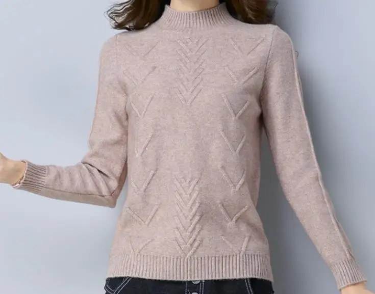 Soft Cozy Cashmere Cotton Blend Embossing Pullover Sweater Autumn Winter Women Clothes Basic Jumper Pull Femme Pink Sweater - Color: Khaki