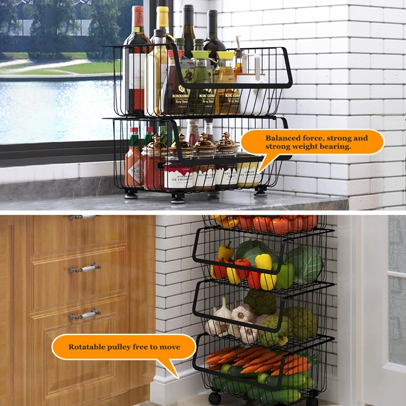 Stainless Steel Multi-layer Household Kitchen Storage Basket Vegetable  Shelf Floor Stand With Wheels Storage Rack Punch Free - AliExpress