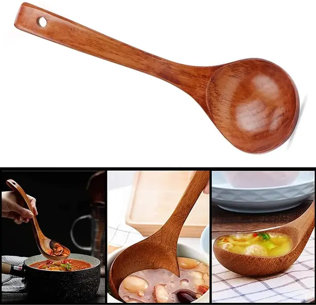Mestolo per cucchiaio da portata in legno Grande mestolo per zuppa in legno naturale Utensile da cucina Stoviglie fatte a mano per cucina Ristorante Porridge 4