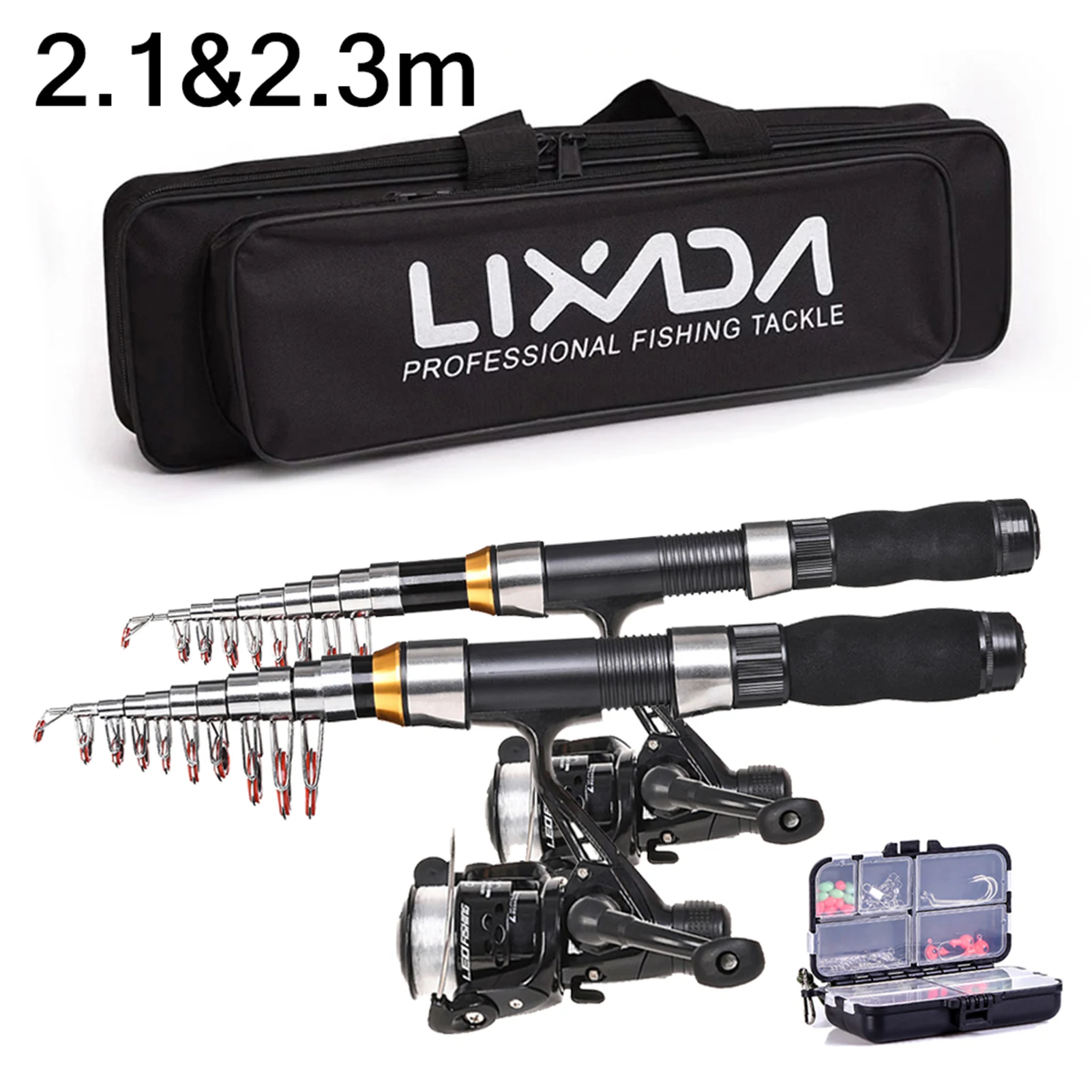 

Lixada Fishing Rod Reel Combo Full Kit w 2.1m 2.3m Telescopic Fishing Rods 2PCS Spinning Reels Set Soft Lures Barrel Swivels Bag