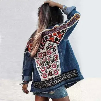 

Ethnic flower embroidery, nail bead, Sequin, long sleeve, cowboy coat, female