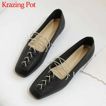 

Krazing Pot British vintage style unique lace up full grain leather shoes square toe solid daily wear breathable women pumps L88
