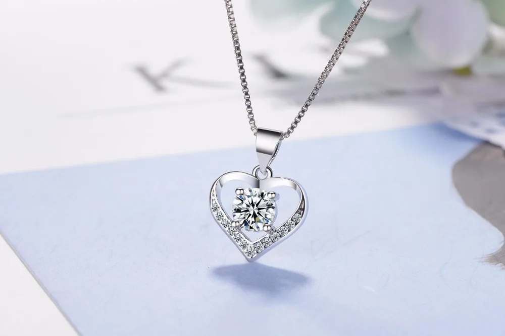 Pendant Necklace Silver Necklace Luxury Crystal Cz Heart Pendant Choker Necklace 925 Sterling Silver Chain Necklaces For Women Wedding Jewelry Gifts