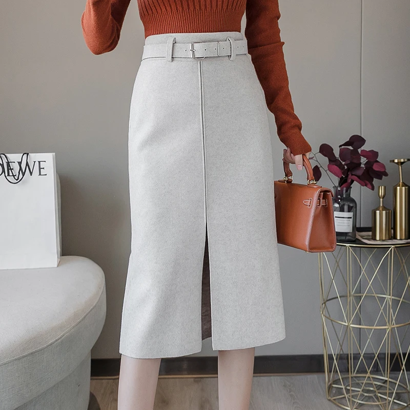 apricot skirt Ретро Женская высокая талия пояса шерстяная юбка миди обёрточная бумага сплошной цвет Женская одежда Винтаж Мода Jupe Longue Femme Slim - Цвет: apricot skirt