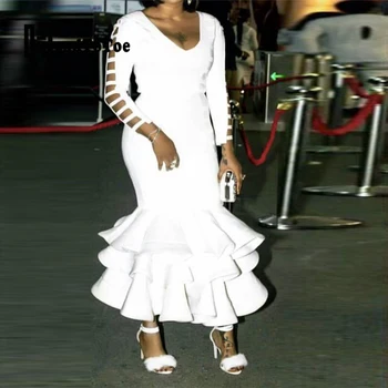 

Women Solid White V Neck Ruffles Bodycon Dress Ladies Hallow Out Long Sleeve Casual Maxi Long Dress