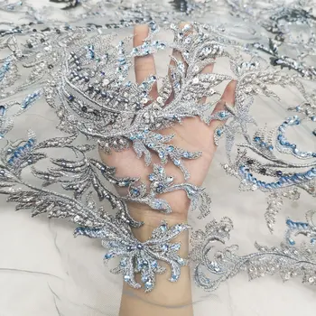 

Blue Color Exquisite Top-End Embroidery Handmade Beaded Lace Fabric Luxury Hot Selling African French Tulle Mesh For Lady Dress