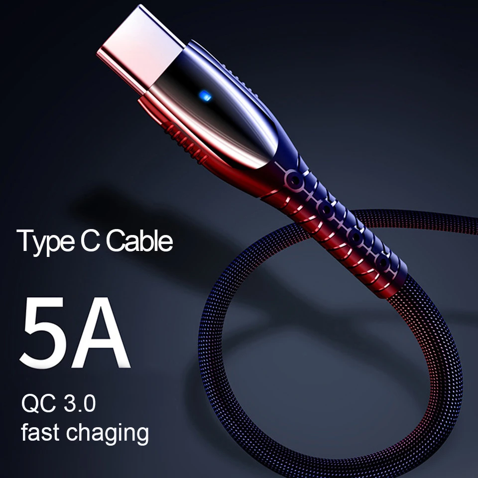 USB кабель Type C со светодиодной подсветкой 5 А с поддержкой быстрой зарядки|Кабели