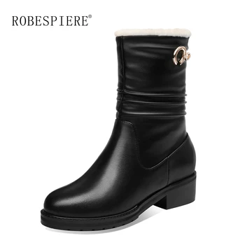 

ROBESPIERE Women Snow Boots High Quality Genuine Leather Winter Waterproof Shoes Woman Fashion Buckle Warm Wool Ankle Boots B173