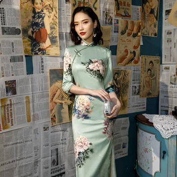 

Fashion Long Cheongsam Chinese style Mandarin Collar Dress Womens Summer Rayon Qipao Slim Party Dresses Vestido S-4XL