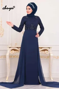 

New Arrival Navy Blue Muslim Evening Dress Chiffon Lace Bead Scarf Detachable Islamic Dubai Saudi Arabic Evening Prom Dress