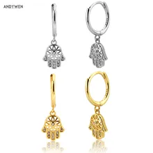 ANDYWEN 925 srebro koło Hamsa ręcznie spadek kolczyk 2020 moda biżuteria Fine Crystal Piercing dla kobiet cyrkon CZ klejnoty