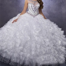 Quinceanera платье развертки Поезд совок органза Многоуровневая аппликация вышивка Пышное Платье роскошный корсет с кристаллами Милая 16