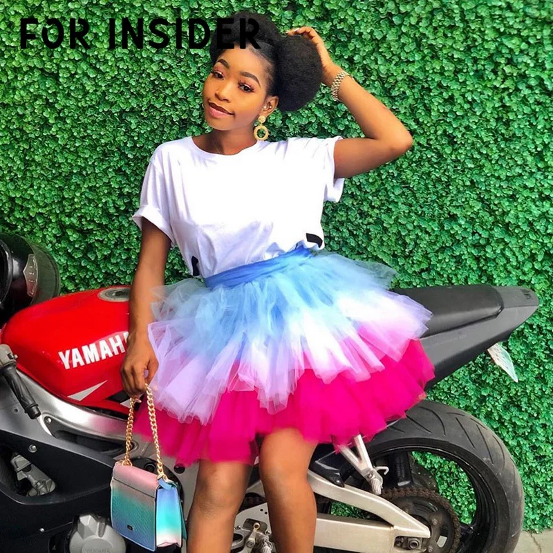 

For Insider Sexy mesh tulle mini skirt women High waist ruffle boho tutu skirt pleated Ball gown pink short skirt plus size