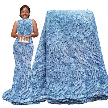 

Powder blue embroidery beaded lace fabric african lace fabric high quality 2020 nigerian french lace fabric for nigerian wedding