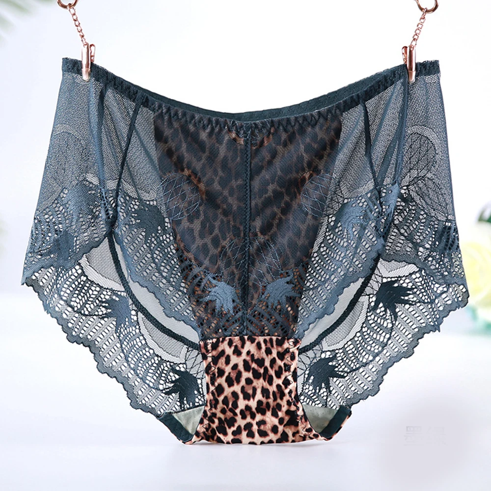 Drak green panties Леопардовые Трусики с высокой талией, сексуальные кружевные прозрачные сетчатые трусы размера плюс, нижнее белье, большие короткие женские трусы большого размера 6xl - Цвет: Drak green panties