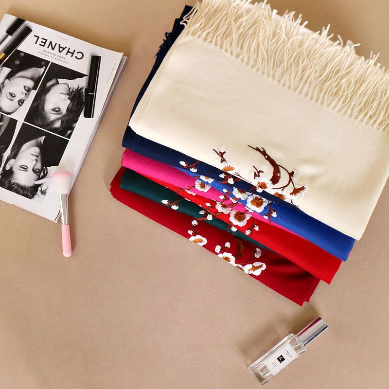 Women Solid both ends Embroider Shawls Autumn Winter New Ladys Pashmina Cashmere Thickening Edging Long Scarf Warp Gift
