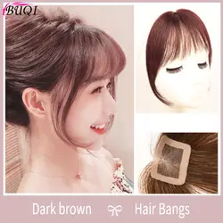 BUQI длинные челки волосы черный коричневый челка волосы для наращивания бесследные натуральный воздух женские челки 100% настоящие