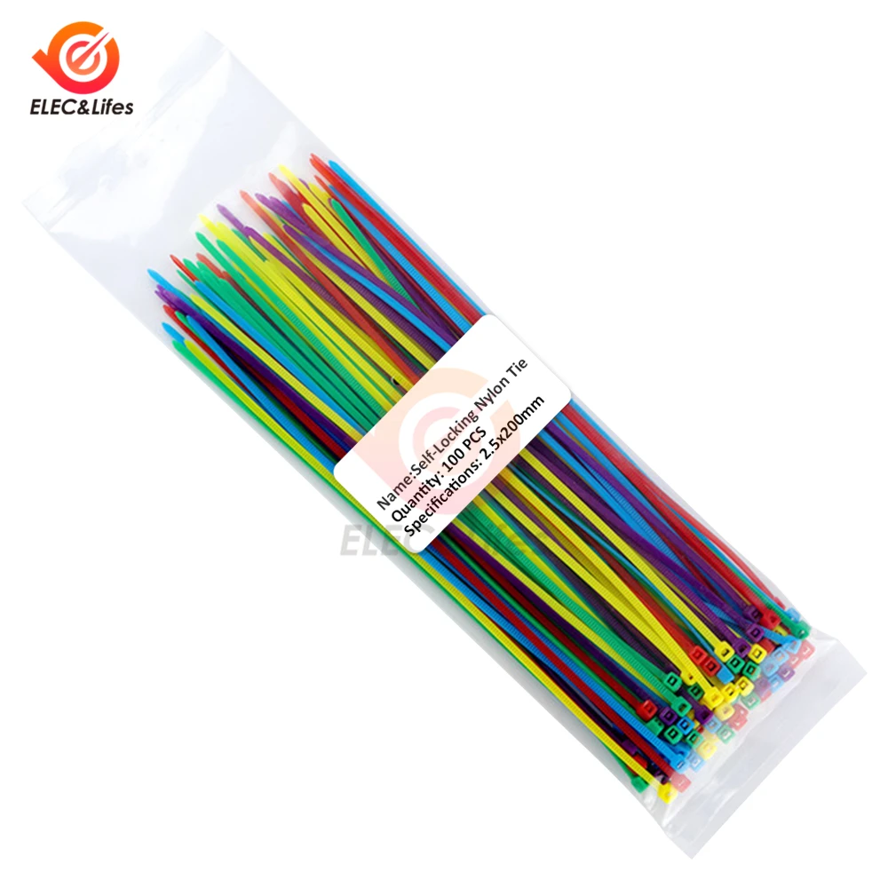 100PCS Self-locking Nylon Plastic Ties 2.5*100mm 150mm 200mm Zip Coloured Wraps 