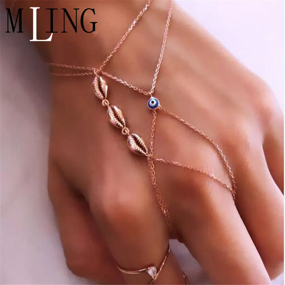 

MLING Vintage Gold Alloy Summer Beach Bracelet New Devil's Eye Shell Finger Chain Bracelet For Women