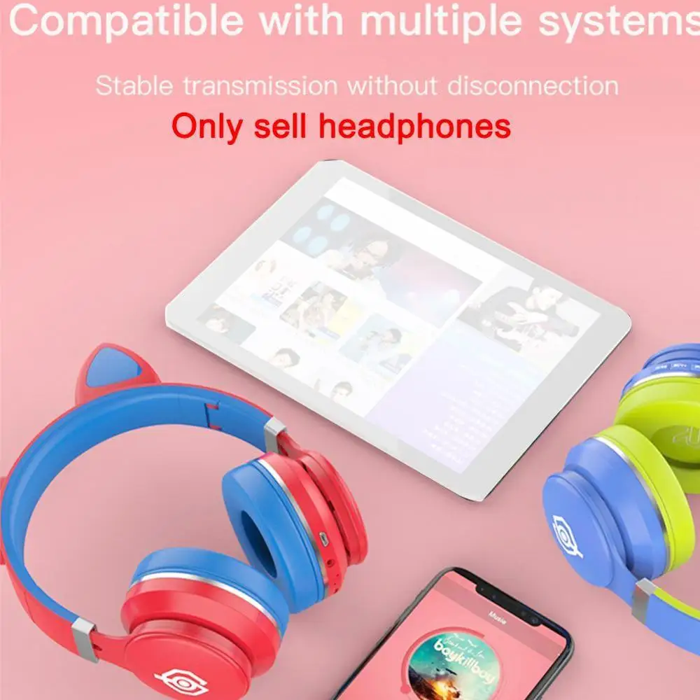 Bluetooth 5 0 Earphone LED Cat Ear Stereo Headphones Support With Plug Card Young Kids Mic People TF Headset 3 5mm A3X8