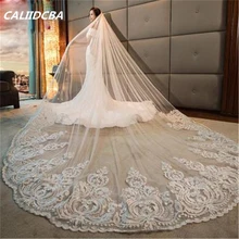 Длинная вуаль для свадьбы в соборе, вуаль, Кружевная аппликация, свадебная вуаль с гребнем, белая слоновая кость, высокое качество, 3 метра, 5 метров, velo para novia