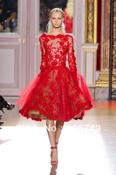 

2018 knee-length short prom with Long Sleeve Red Lace party gown lace appliques a-line Evening mother of the bride dresses
