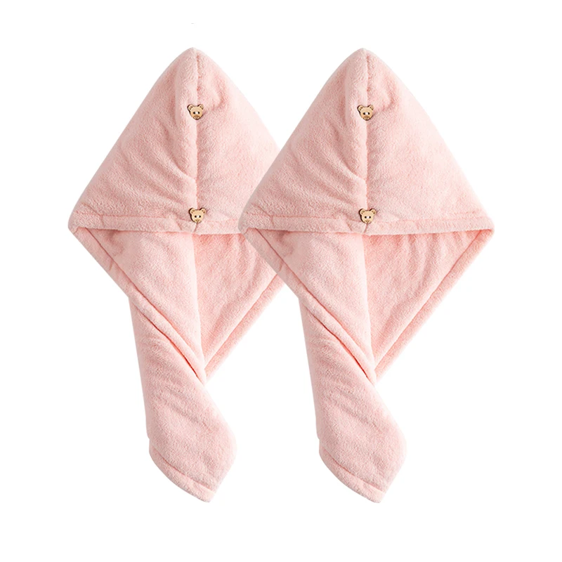 

Two Pack Coral Velvet Hair Drying Towel Bath Towel Quick Drying Turban Super Absorbent Women Hair Cap Wrap With Button Thicken
