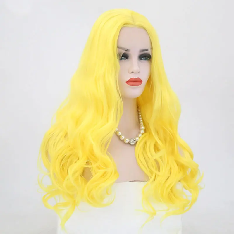 BM Light Yellow Loose Wave Synthetic 13*4 Lace Front Wig Heat Resistant Fiber Hair Natural Hairline Middle Parting For Women Wig