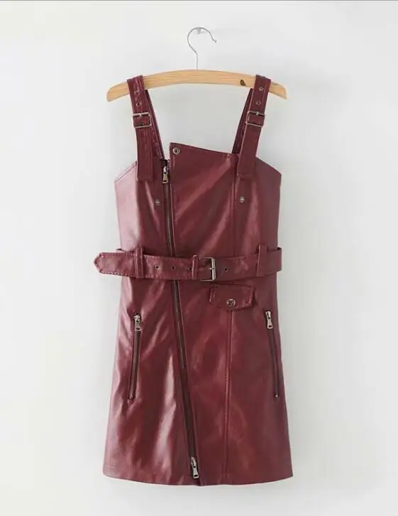 Red Genuo, новинка, Осень-зима, женское платье из искусственной кожи, с поясом, v-образный вырез, сексуальное, тонкое, Ретро стиль, черное, мини платье, vestido de festa - Цвет: Red