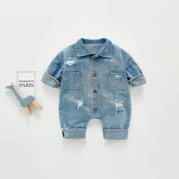 

5223 Baby Autumn Fashion Denim Jumpsuit Long Sleeve Boys And Girls Overall Broken Hole One Piece Clothes Kids Outwear