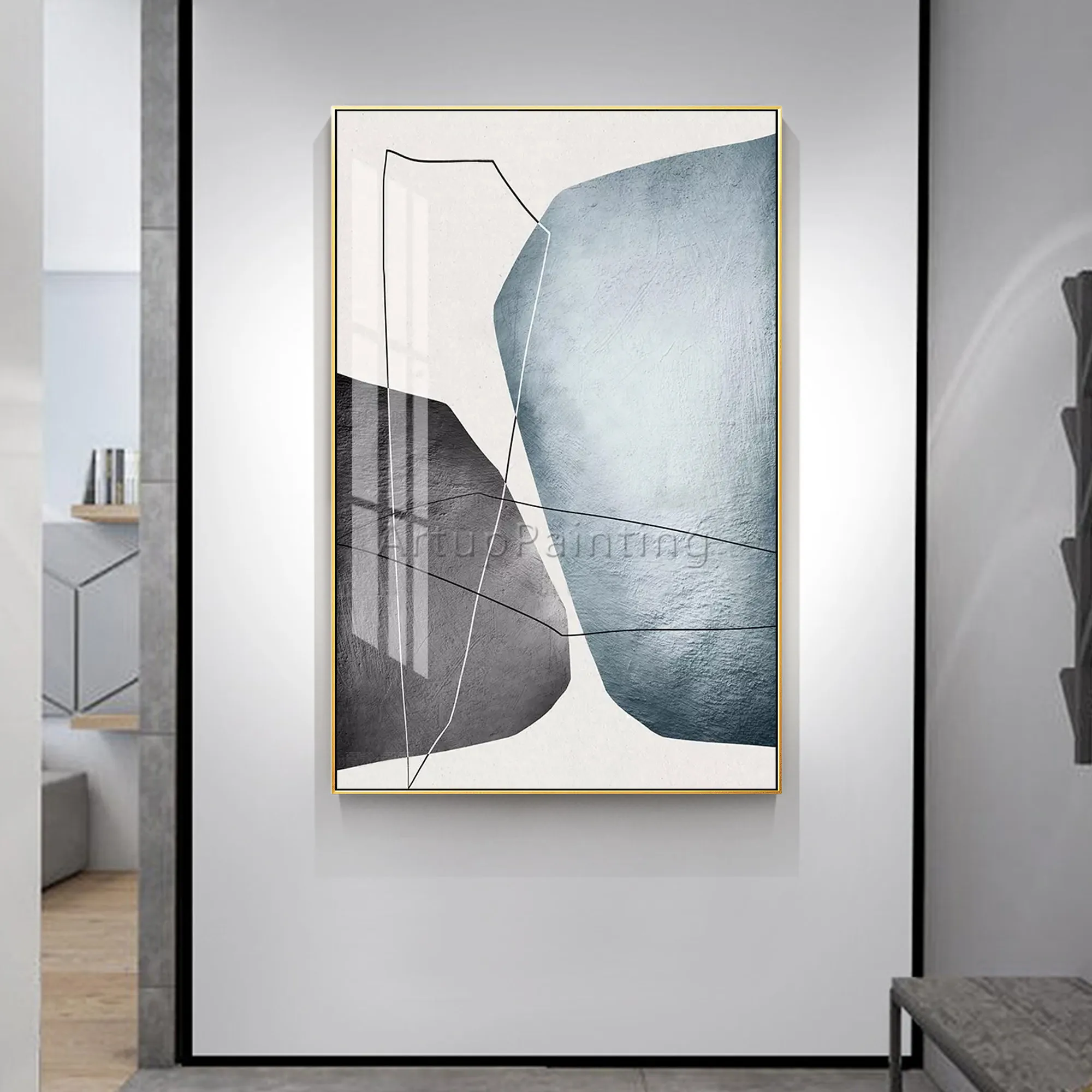 Современная абстрактная картина маслом на холсте синий серый белый ручная