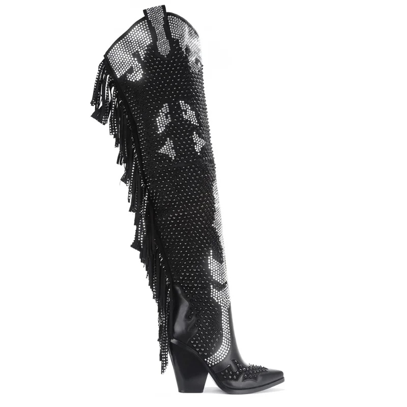 

Abesire Long Boots Black Crystal Side Zipper Stiletto Heels Pointed Toe Over The Knee Women New Autumn Winter Big Size Shoes