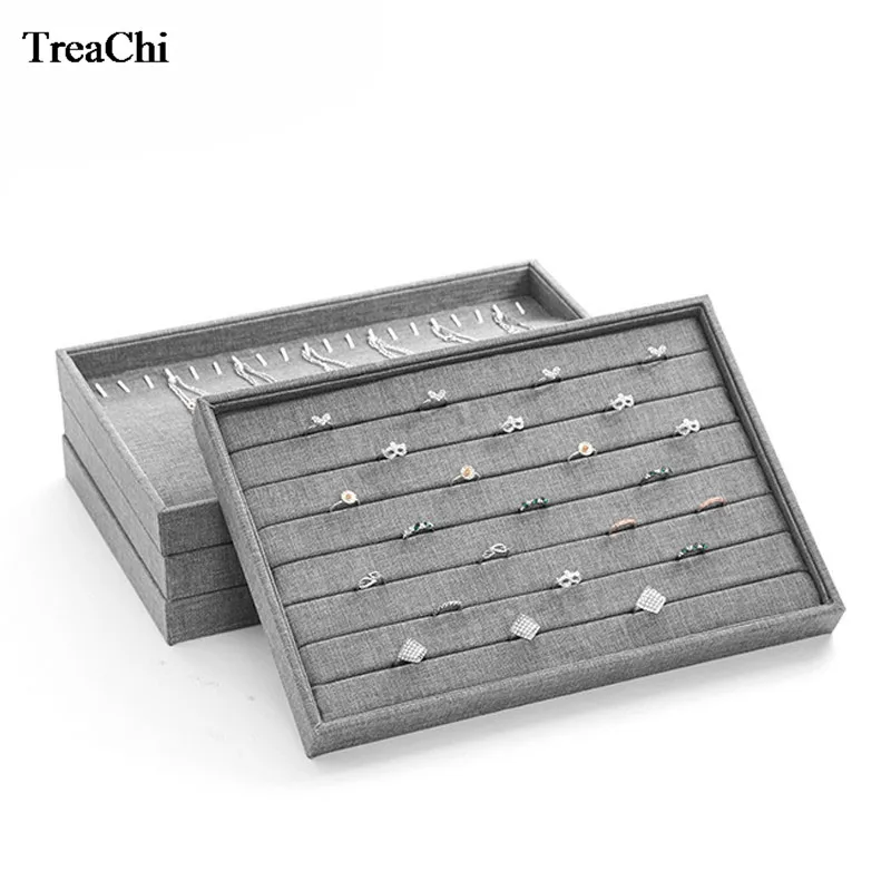 Fashion Gray Linen Jewelry Tray Organizer Ring Earring Case Bracelet Holder Necklace Pendant Display Tray Jewelry Showcase