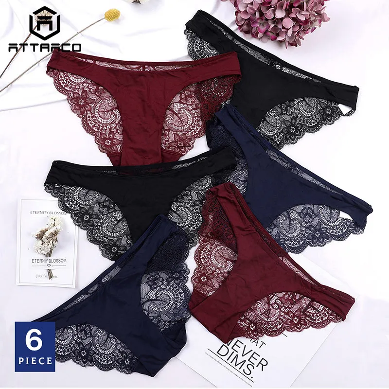 6 in Pack Attro, женское хипстерское нижнее белье, Трусы-стринги, трусы, хлопок, 6 шт. в упаковке, Cueca Calcinha Tanga, стринги, кружевная кромка, дышащие, прозрачные - Цвет: 6 in Pack