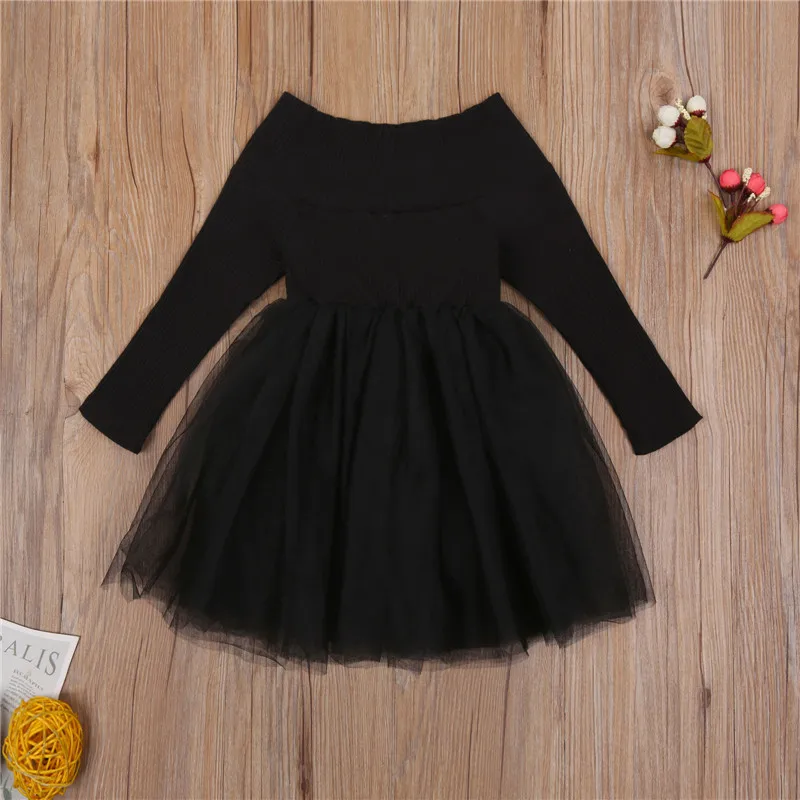 

2020 Child Baby Girls Patchwork Long Sleeve Off Shoulder Knitted Top Yarn Dress For Autumn Early Winter Sweet Princess Outfit
