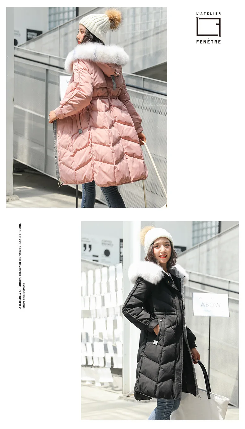 Вне сезона стиль пуховик Женская мода средней длины талии облегающие Slim Fit с капюшоном большой меховой воротник в Корейском стиле-Стиль Coa