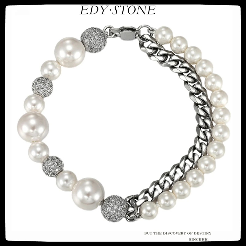 

EDY 2021 New Hip Hop Punk Full Diamond Cuban Chain Stitching Pearls Double layer Bracelet For Women Men Girls Party Jewelry